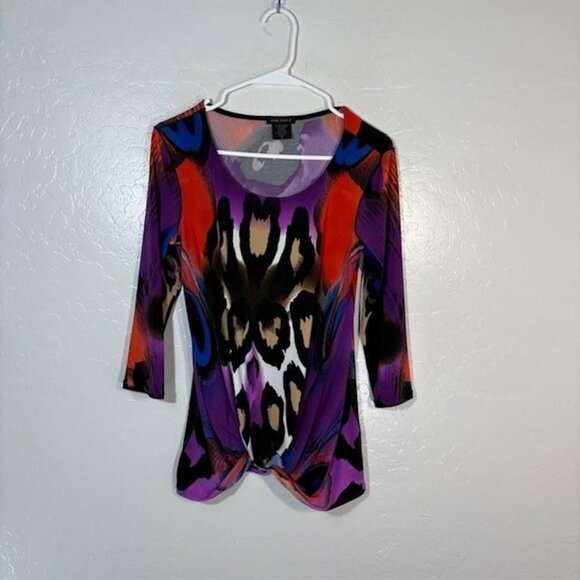 Eva Varro Shirt Womens Small Purple Twist Front 3/4 Sleeve Abstract Made USA - Picture 1 of 7